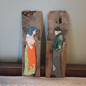 Vintage Quebec Folk Art Wood Carvings Of A Man & Woman